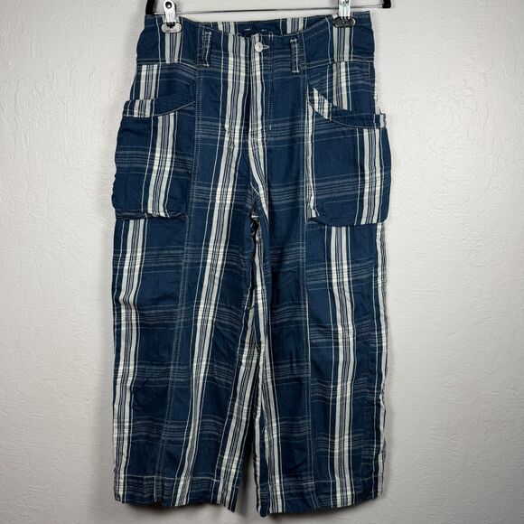 We The Free Pants - We The Free by Free People Plaid Wide Leg Cargo Capri Pants Women's 30 Blue
